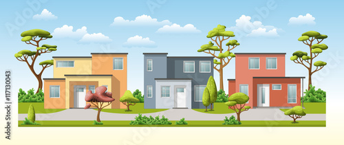 Illustration of three modern family house with trees