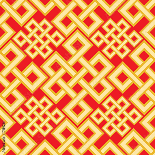 The endless knot seamless pattern. Graphic ornament composed of right-angled, intertwined lines. Vector illustration.