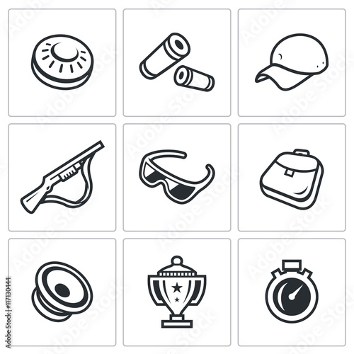 Vector Set of Clay Shooting Icons. Plate, Bullet, Cap, Gun, Glasses, Bag, Speaker, Cup, Stopwatch. 