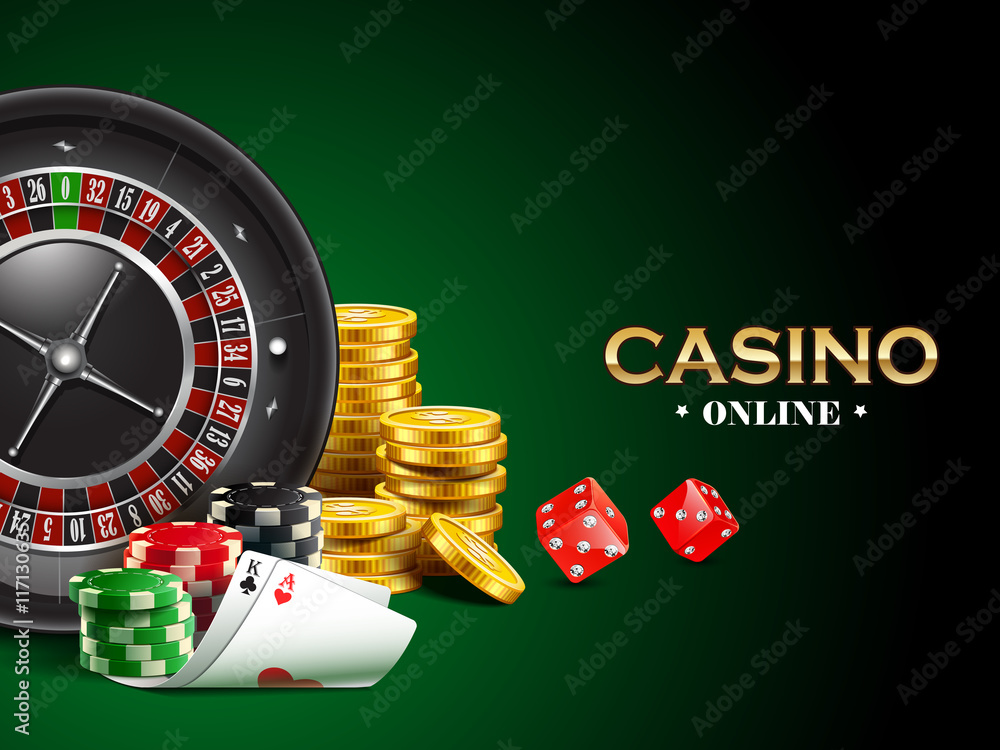 Casino background with dice, golden coins, cards, roulette and chips. Casino background with dice, golden coins, cards, roulette and chips.