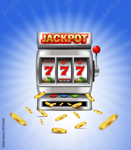 Slot machine with lucky seven and flying golden coins isolated on a white background.