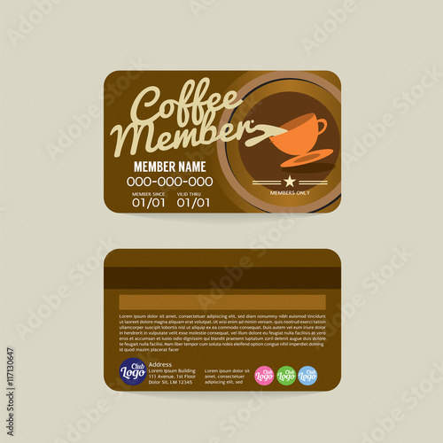 Front And Back Coffee Voucher Of Member Card Template Vector Illustration.