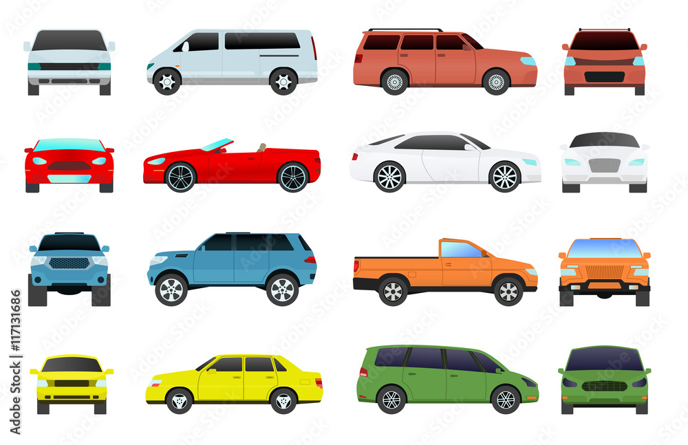 Car type and model objects icons set multicolor automobile supercar. Wheel symbol car types coupe hatchback. Traffic collection showroom camper car types minivan flat mini automotive.