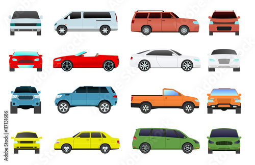 Car type and model objects icons set multicolor automobile supercar. Wheel symbol car types coupe hatchback. Traffic collection showroom camper car types minivan flat mini automotive.