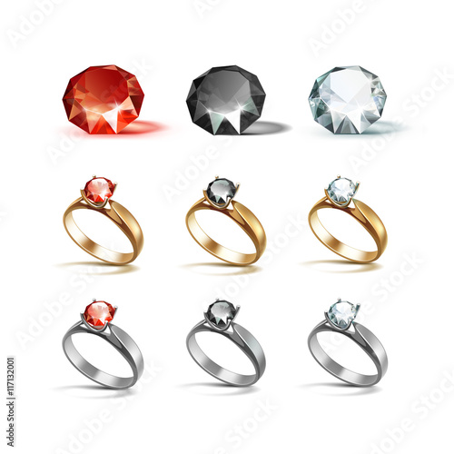 Set of Gold and Siver Engagement Rings with Red Black and White Shiny Clear Diamonds Isolated