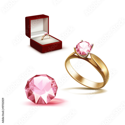 Gold Engagement Ring with Pink Shiny Clear Diamond in Red Jewelry box Close up Isolated