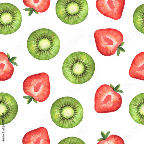 Fototapeta Naklejka Na Ścianę i Meble -  Watercolor seamless pattern with sweet slices of strawberry and kiwi.