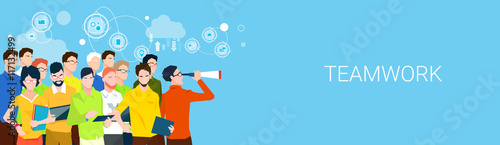 Business People Team Boss Hold Binoculars Teamwork Banner With Copy Space
