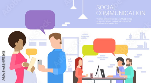 People Using Electronic Devices With Chat Bubbles Social Network Communication