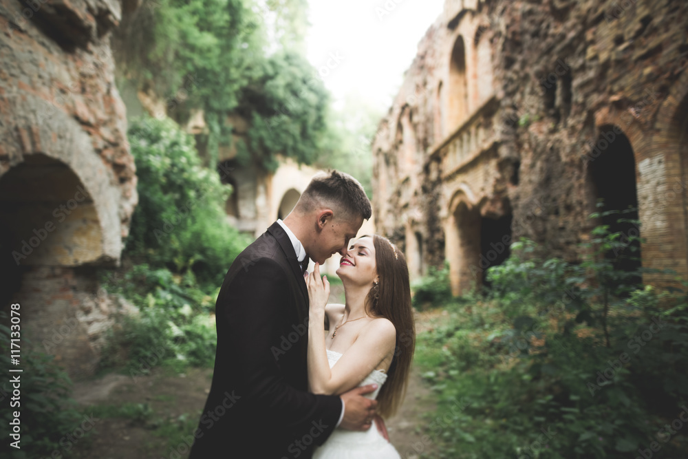 Sensual married couple, valentines hugging in front of old slavic castle
