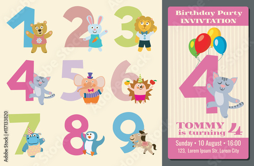 Kids birthday anniversary numbers with cartoon animals vector illustration