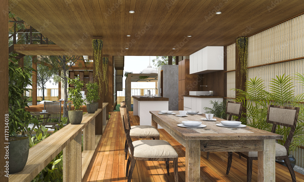 Fototapeta premium 3D rendering contemporary wood dining room with plants