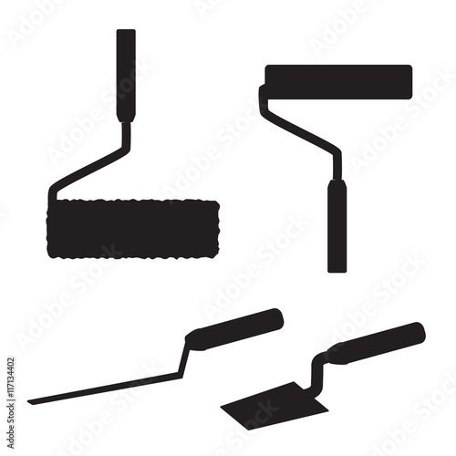 House repairs tools. Joint filler, paint roller, square trowel, wallpaper roller. Tools for repair. Tools for painting, wall papers, joint filling. House repairing. Silhouettes of repair tools.