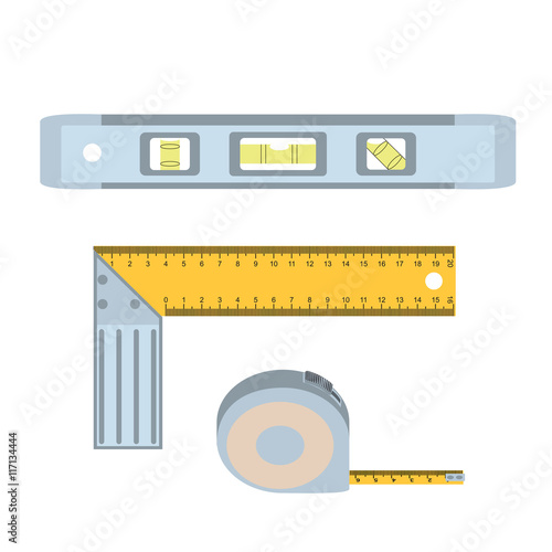 House repairs tools. Setsquare, spirit level, tape measure. Tools for repair setsquare, spirit level, tape measure . Colorful images of repair tools setsquare, spirit level, tape measure .