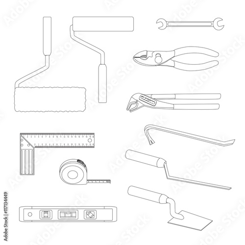 House repairs tools. Crowbar, groove joint pliers, joint filler, open-ended spanner, paint roller, setsquare, slip joint pliers, spirit level, square trowel, tape measure, wallpaper roller, outline.