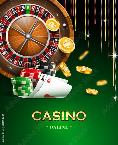 Casino background with golden coins, cards, roulette and chips.