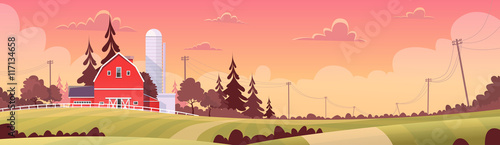 Agriculture And Farming, Farmland Countryside Sunset Landscape