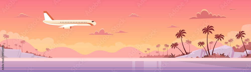 Summer Vacation Sunset Plane In Sky Sea Shore Sand Beach