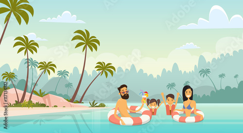 Big Family Swimming Holiday Sea Seaside Summer Vacation Parents With Two Children
