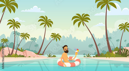 Man Swimming With Lifebuoy Summer Vacation Sea Shore Sand Beach Blue Sky Sun