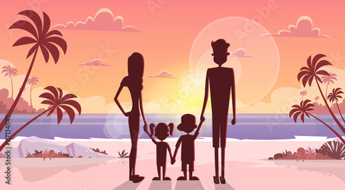 Big Family Hold Hands Over Sunset Holiday Sea Seaside Summer Vacation Parents With Two Children