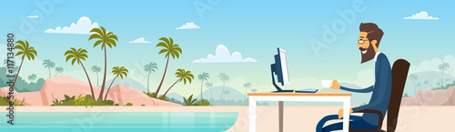 Business Man Freelance Remote Working Place Businessman In Suit Sit Desktop Beach Summer Vacation Tropical Island