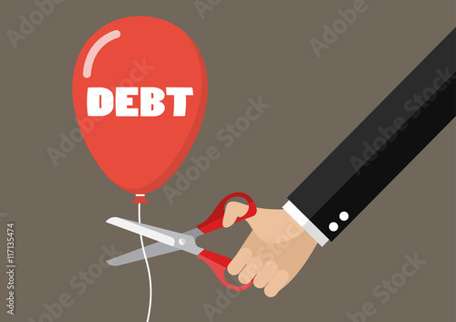 Big hand cutting debt balloon string with scissors