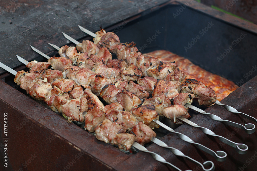 meat skewers on the barbecue coals meat skewers on the barbecue coals