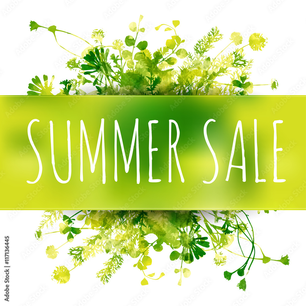 Fototapeta premium Summer sale watercolor background with leaves and lettering