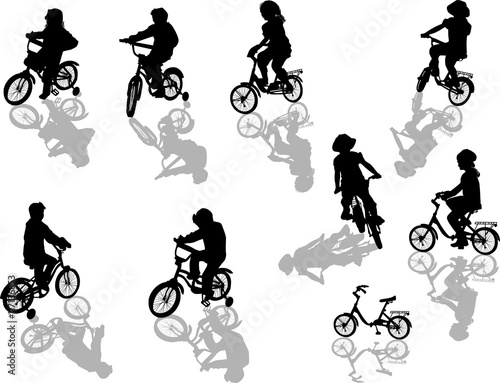 group of black bicyclists with shadows on white