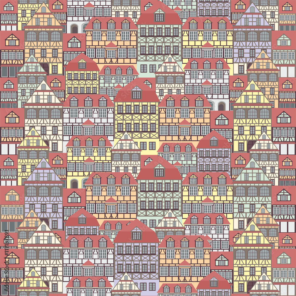 seamless pattern with the image of old houses in half-timbered style