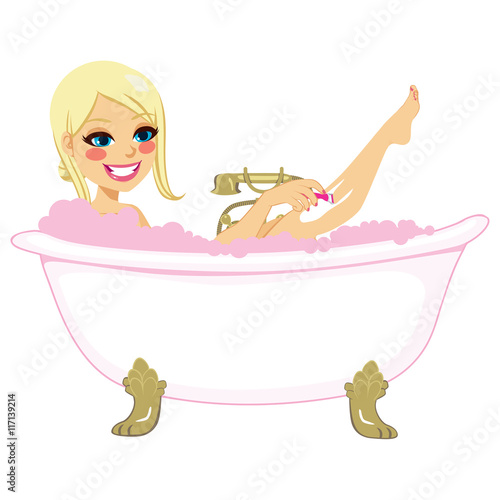 Beautiful young blonde woman shaving her leg on vintage bathtub