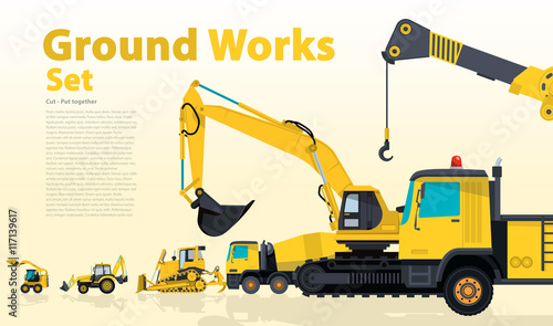 Yellow set of construction machinery machines vehicles, excavator. Construction equipment for building. Truck, Digger, Crane, Bagger, Mix, master vector illustration, nice ground works typography page