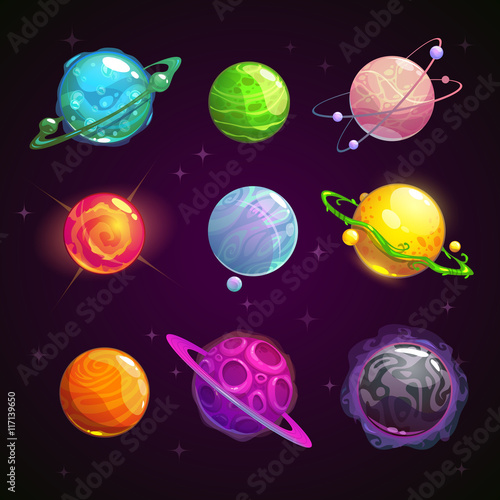Colorful cartoon fantasy planets set