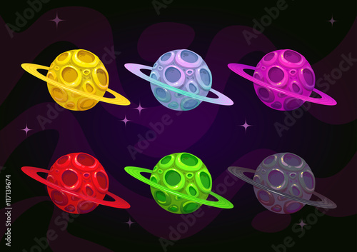 Cool bright colorful fantasy planet icons set