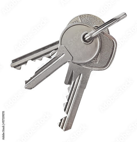 Key ring with silver keys, isolated on white background. photo