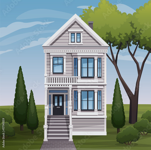 Cozy family house facade view. Vector illustration.
