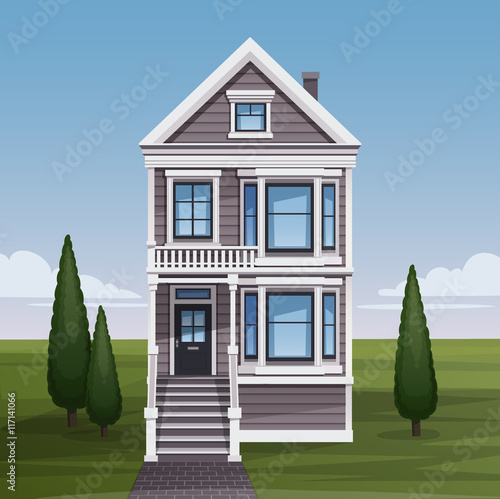 Cozy family house facade view. Vector illustration.
