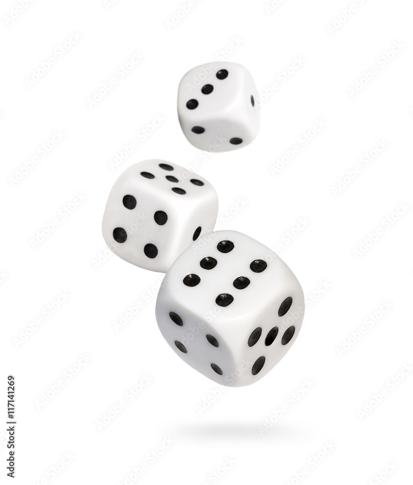 Falling dice, gambling scene, isolated on white background.