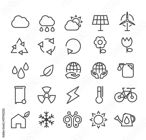 Set of Minimal Simple Ecology Thin Line Icons on White Background.