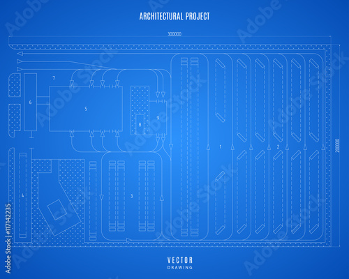 architectural blueprint, technical drawing, construction plan or project on the blue background. stock vector illustration eps10