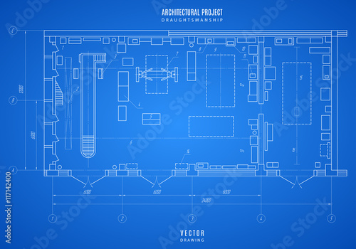 architectural blueprint, technical drawing, construction plan or project on the blue background. stock vector illustration eps10