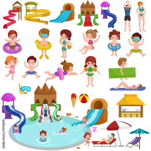 Water aquapark playground with slides and splash pads for family fun vector illustration.