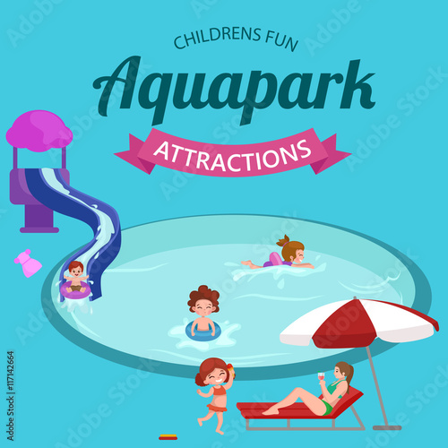 Water aquapark playground with slides and splash pads for family fun vector illustration.
