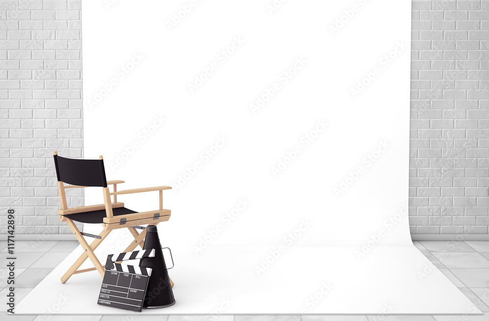 Fototapeta premium Director Chair, Movie Clapper and Megaphone in Cinema Studio Roo