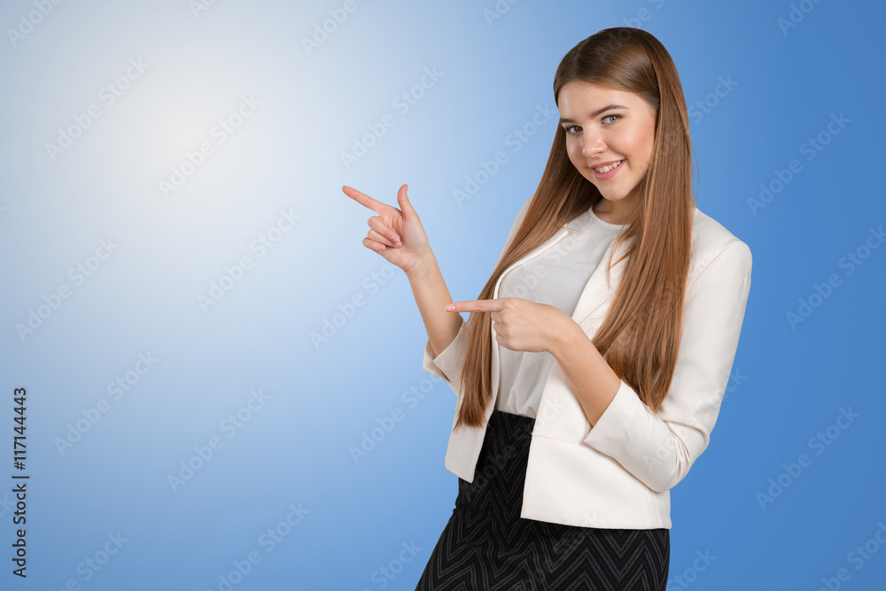 Businesswoman with finger point aside Businesswoman with finger point aside