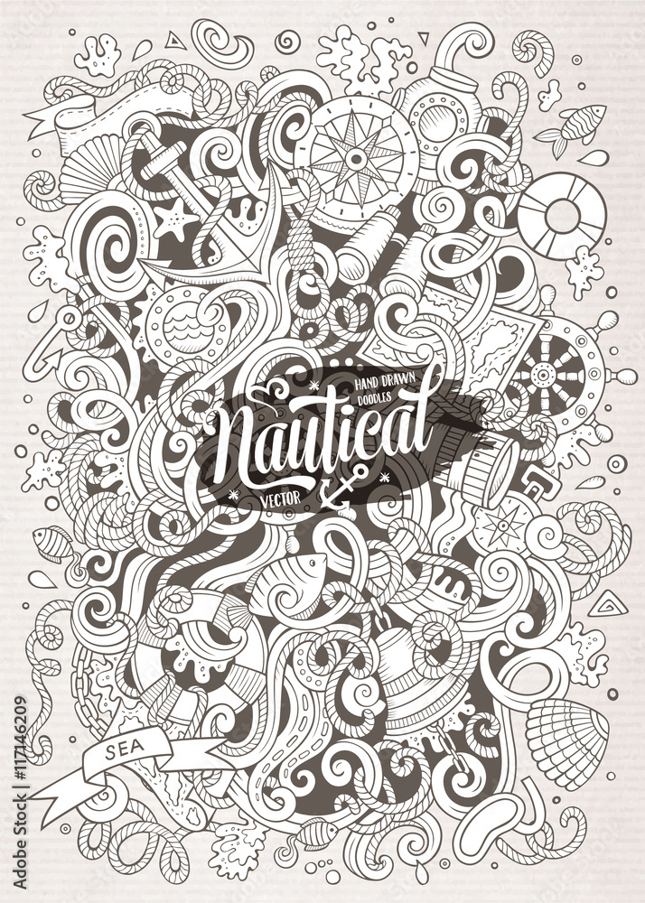 Naklejka premium Cartoon vector nautical doodle illustration