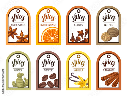 Tags with various spices. Illustration of anise, cloves, vanilla, ginger and cinnamon