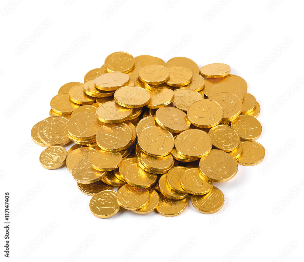 heap of chocolate money coins isolated on white heap of chocolate money coins isolated on white
