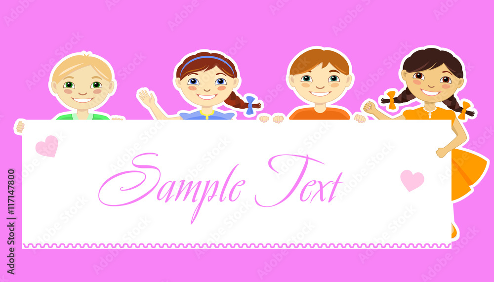 Group of children with poster with space for text entry. Vector illustration of smiling children holding placard on pink background. Group of children with poster with space for text entry. Vector illustration of smiling children holding placard on pink background.